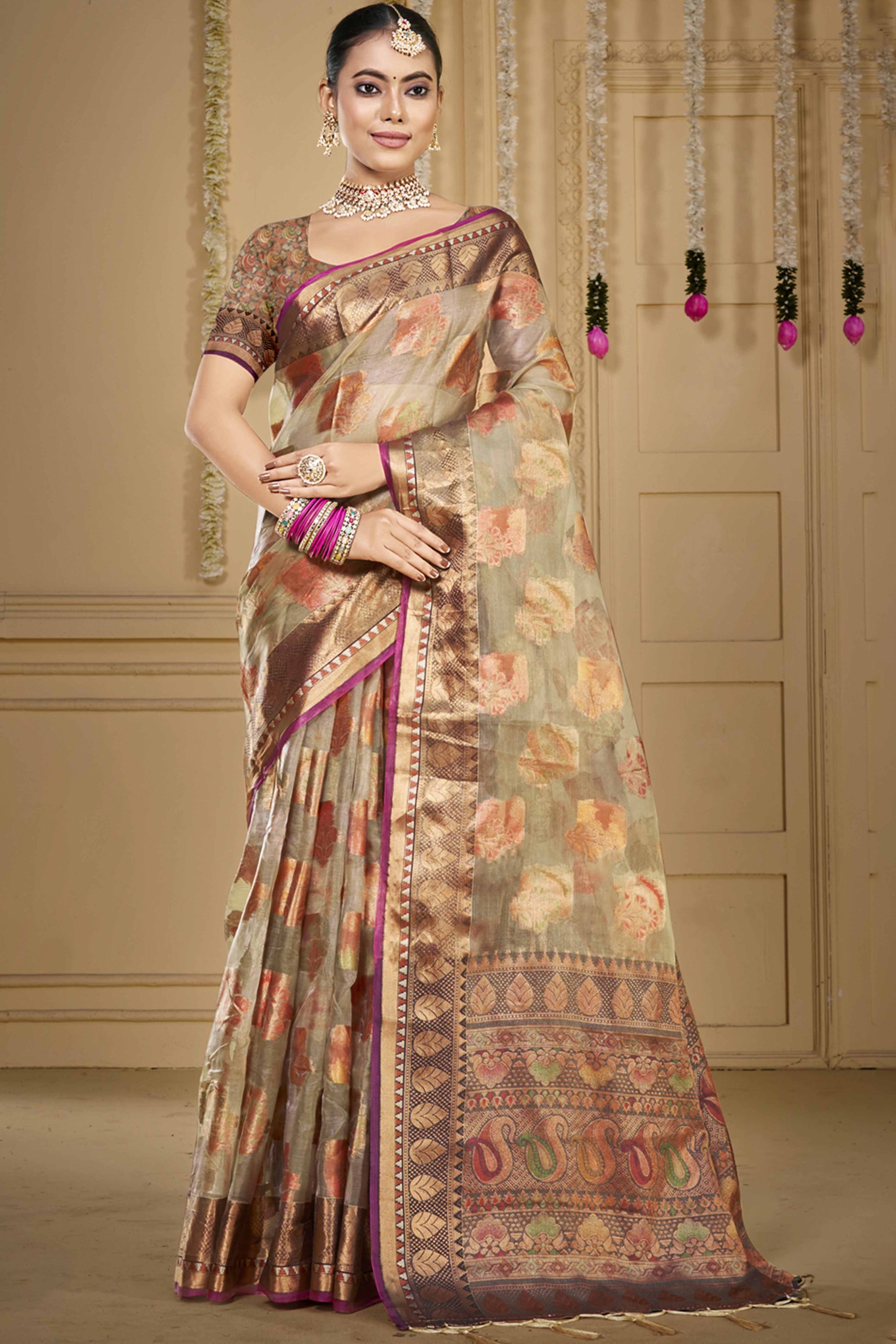 grey-floral-woven-organza-saree-with-tassels-3