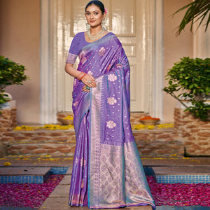 Lavender Floral Woven Banarasi Silk Saree With Tassels