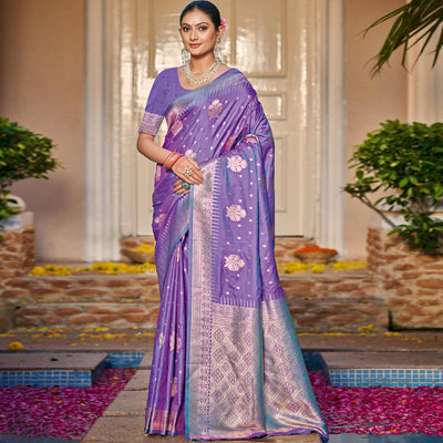 Lavender Floral Woven Banarasi Silk Saree With Tassels