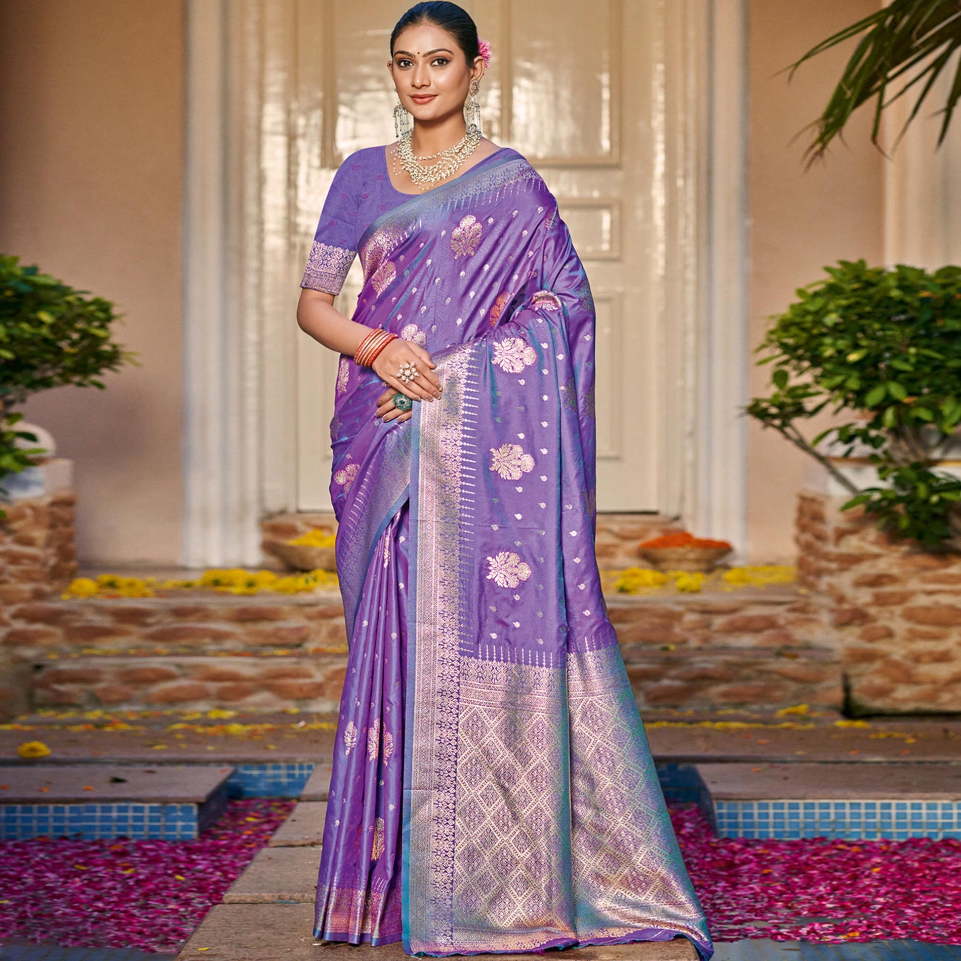 Lavender Floral Woven Banarasi Silk Saree With Tassels