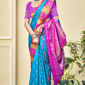 Blue Woven Banarasi Silk Saree With Tassels