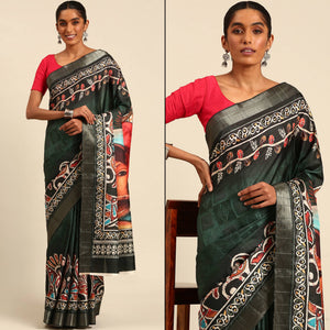 green-digital-printed-cotton-blend-saree-with-woven-border