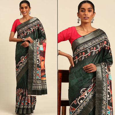 green-digital-printed-cotton-blend-saree-with-woven-border