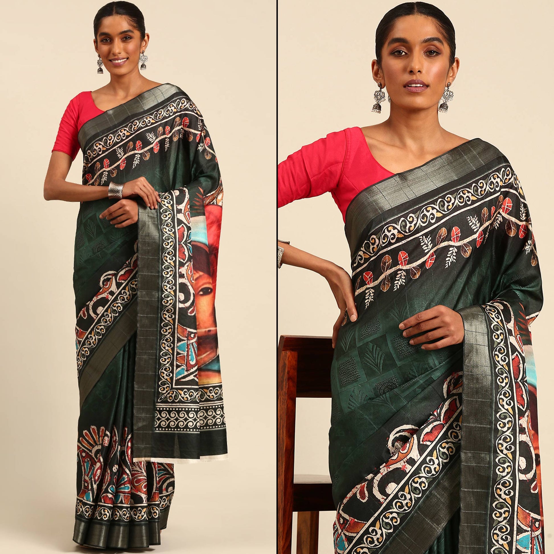 green-digital-printed-cotton-blend-saree-with-woven-border
