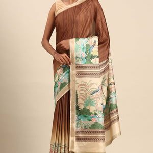 Brown Digital Printed Cotton Silk Saree