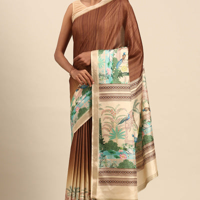 Brown Digital Printed Cotton Silk Saree