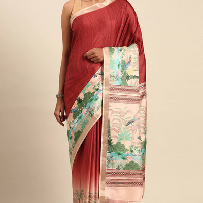 Maroon Digital Printed Cotton Silk Saree