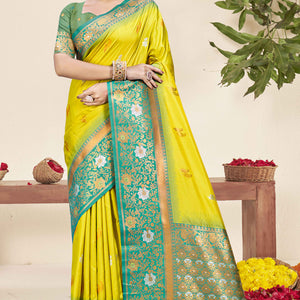Lemon Yellow Floral Woven Banarasi Silk Saree