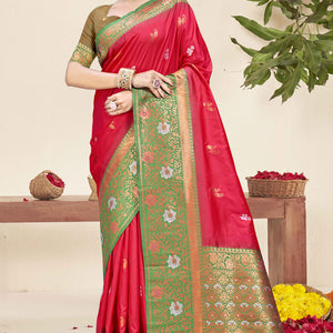 Dark Pink Floral Woven Banarasi Silk Saree