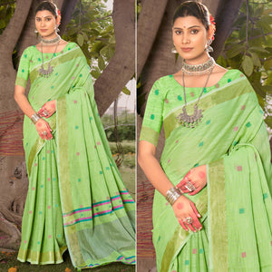 green-woven-cotton-blend-saree-with-tassels-3