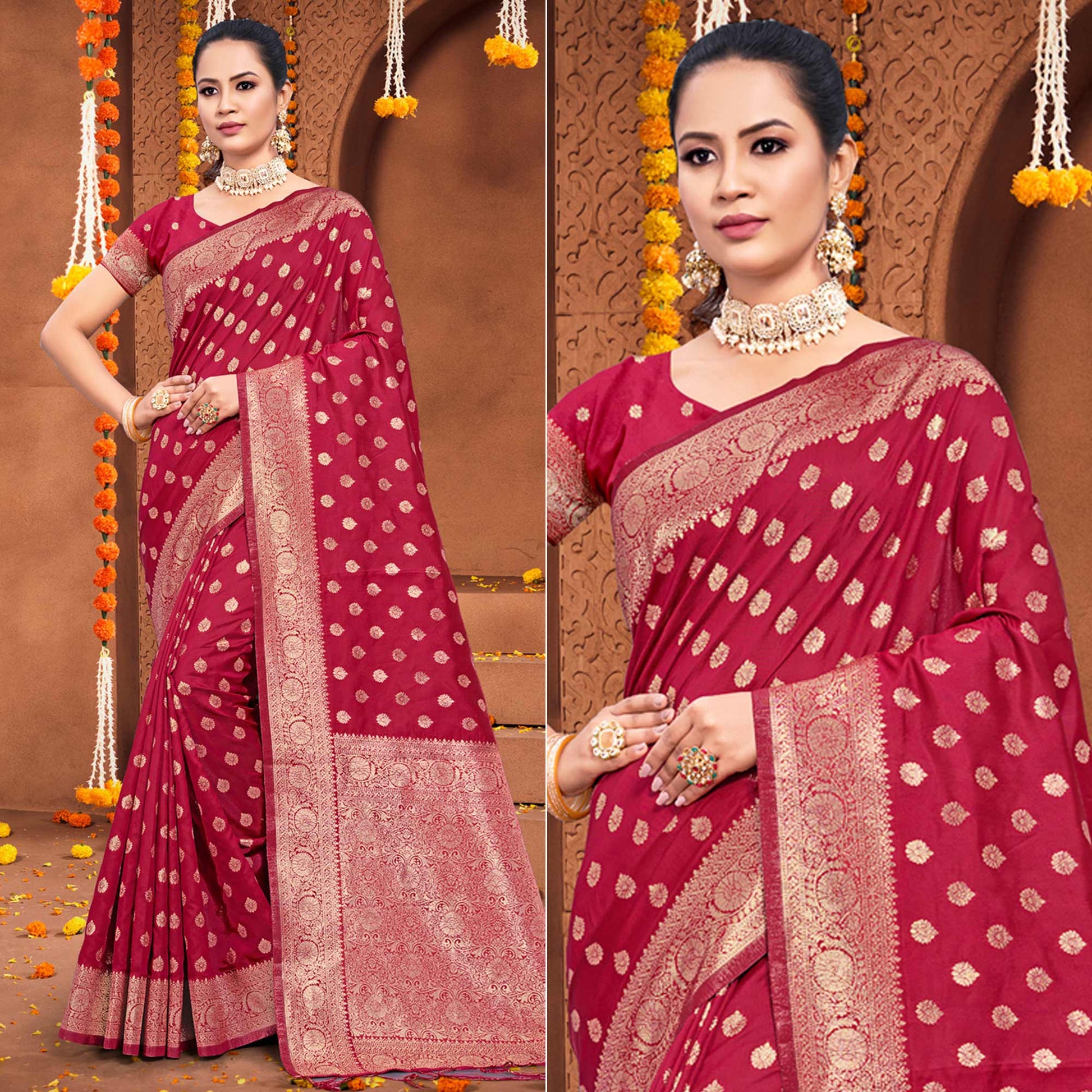 Maroon Floral Woven Banarasi Silk Saree