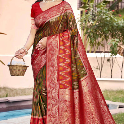 green-red-woven-cotton-silk-saree-with-tassels