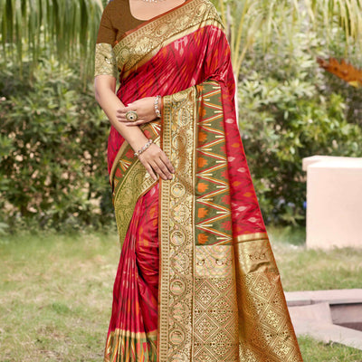 Cherry Red & Green Woven Cotton Silk Saree With Tassels