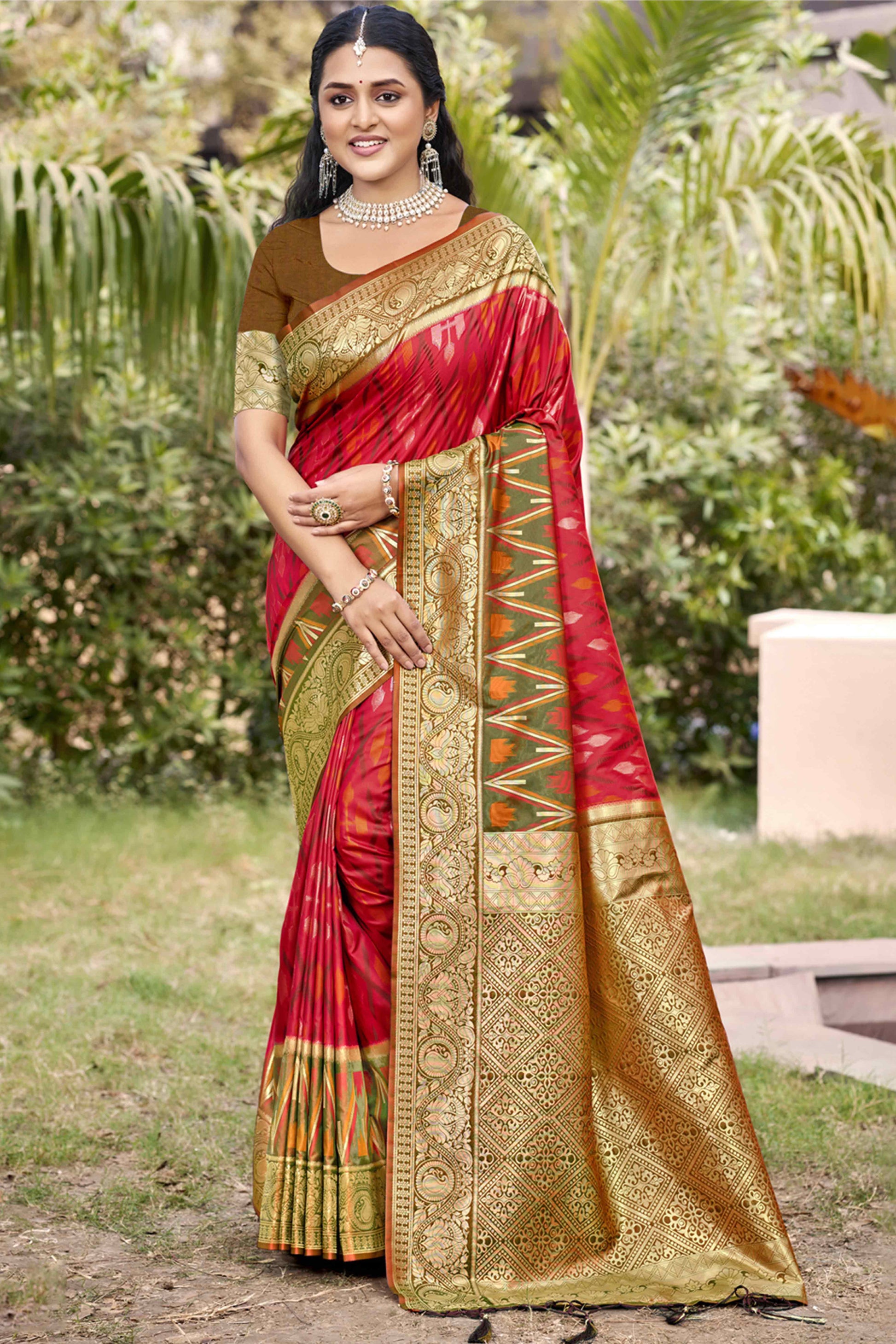Cherry Red & Green Woven Cotton Silk Saree With Tassels