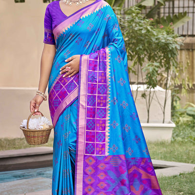 Blue Woven Cotton Silk Saree With Tassels