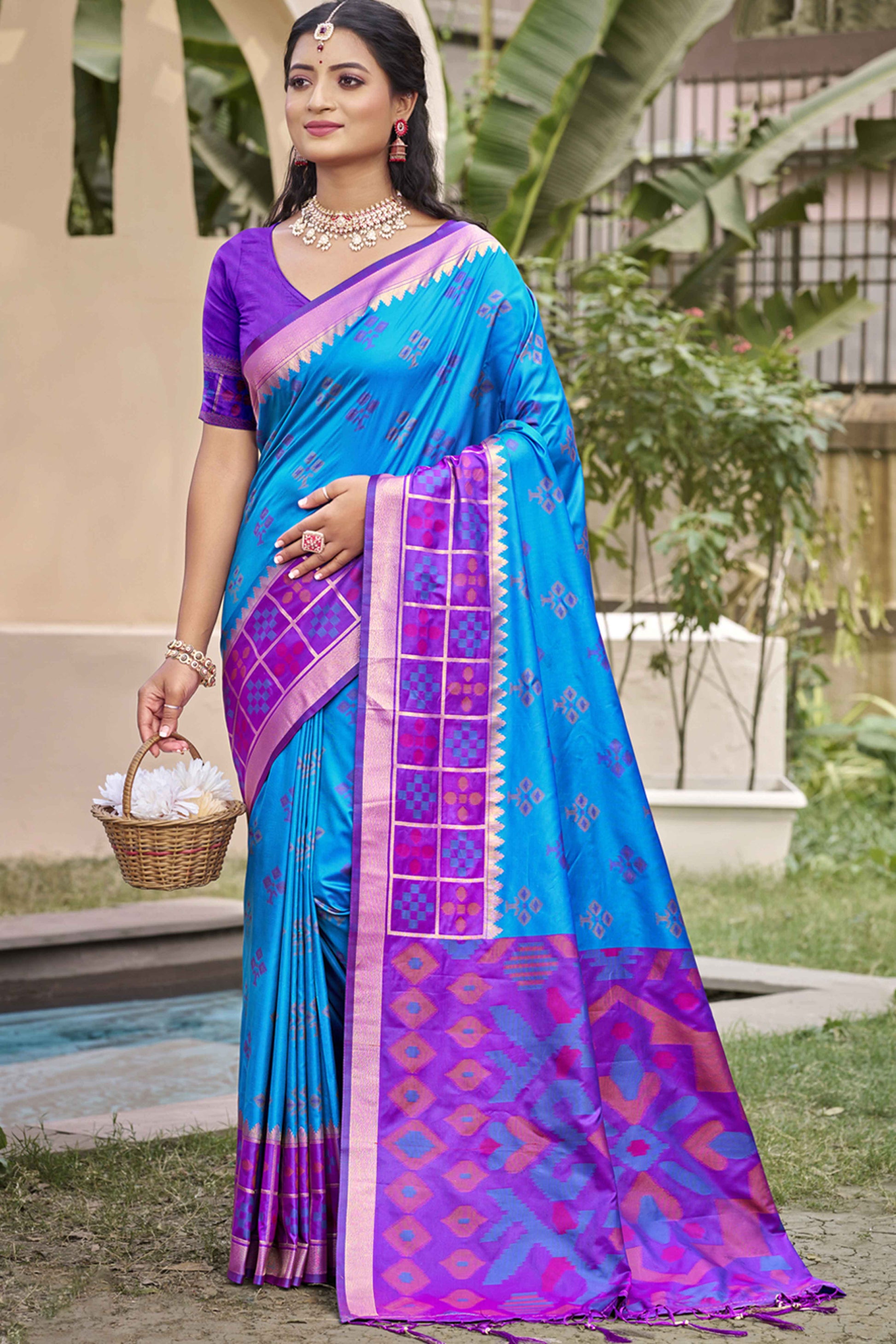 Blue Woven Cotton Silk Saree With Tassels