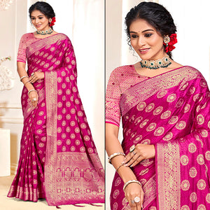 Magenta Floral Woven Cotton Silk Saree With Tassels