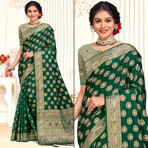 Dark Green Floral Woven Cotton Silk Saree With Tassels
