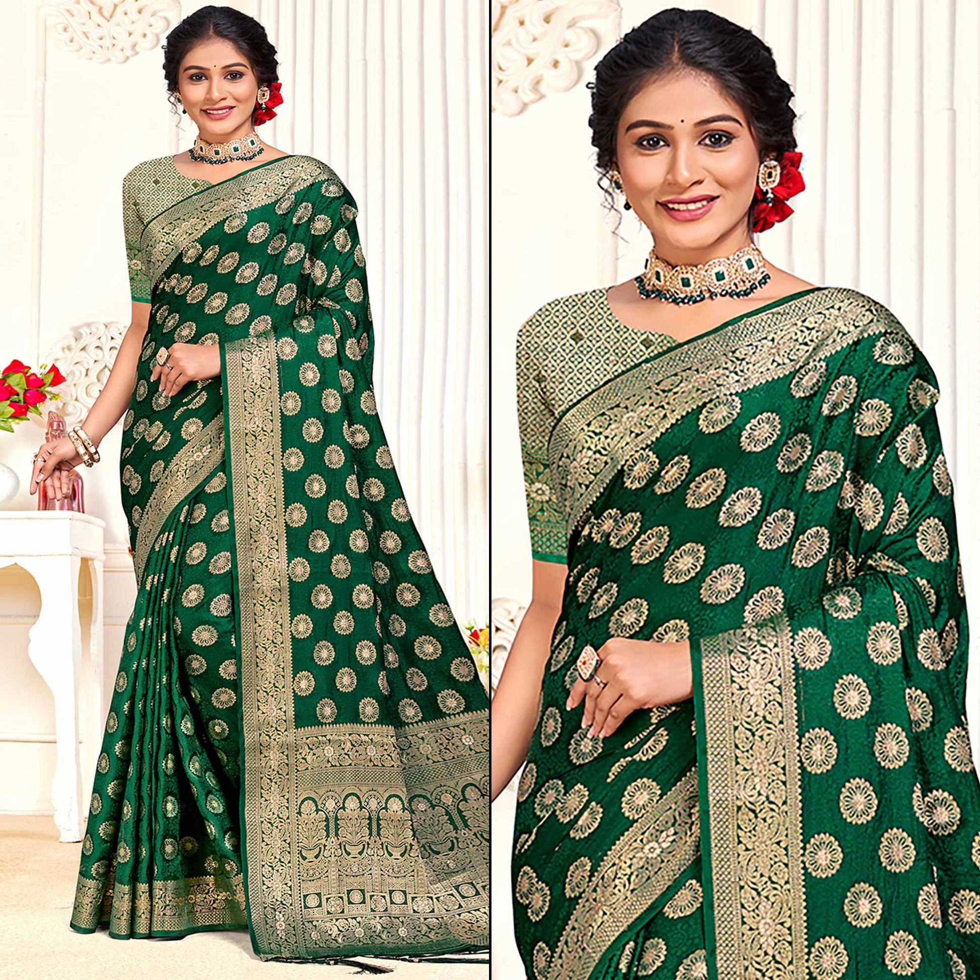 Dark Green Floral Woven Cotton Silk Saree With Tassels