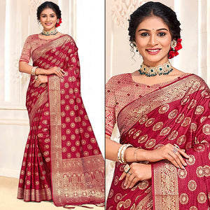 Maroon Floral Woven Cotton Silk Saree With Tassels
