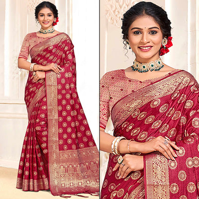 Maroon Floral Woven Cotton Silk Saree With Tassels
