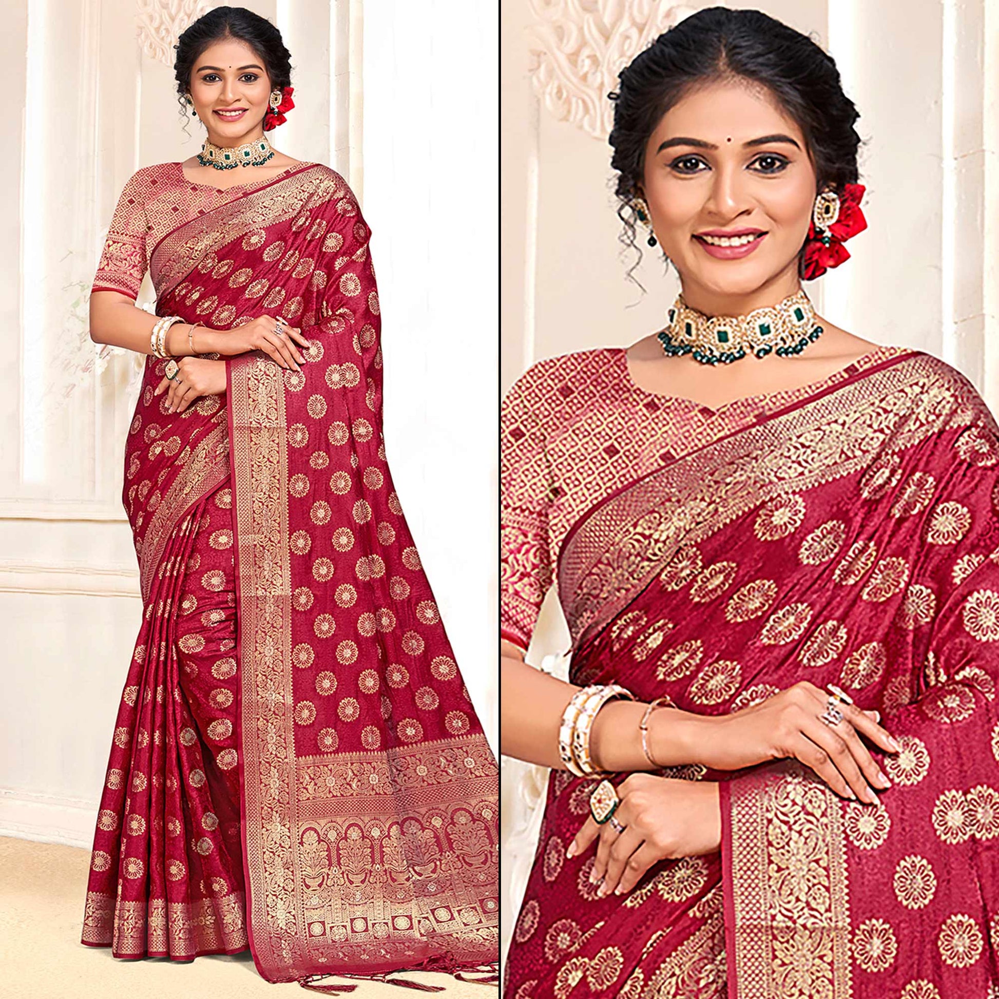 Maroon Floral Woven Cotton Silk Saree With Tassels