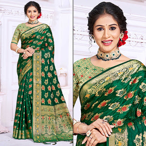 Dark Green Floral Woven Cotton Silk Saree With Tassels