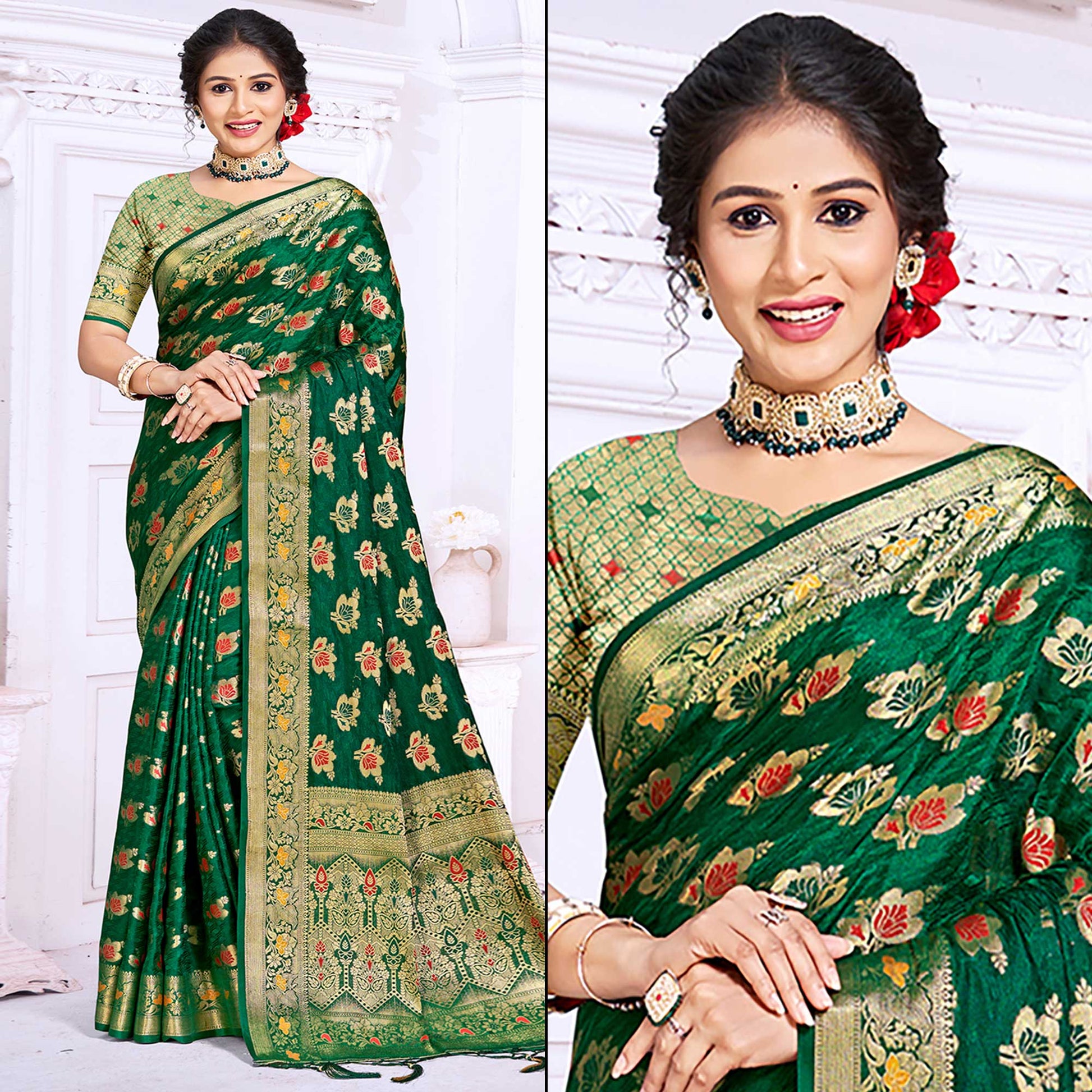 Dark Green Floral Woven Cotton Silk Saree With Tassels