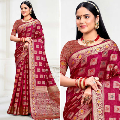 Maroon Floral Woven Cotton Silk Saree With Tassels