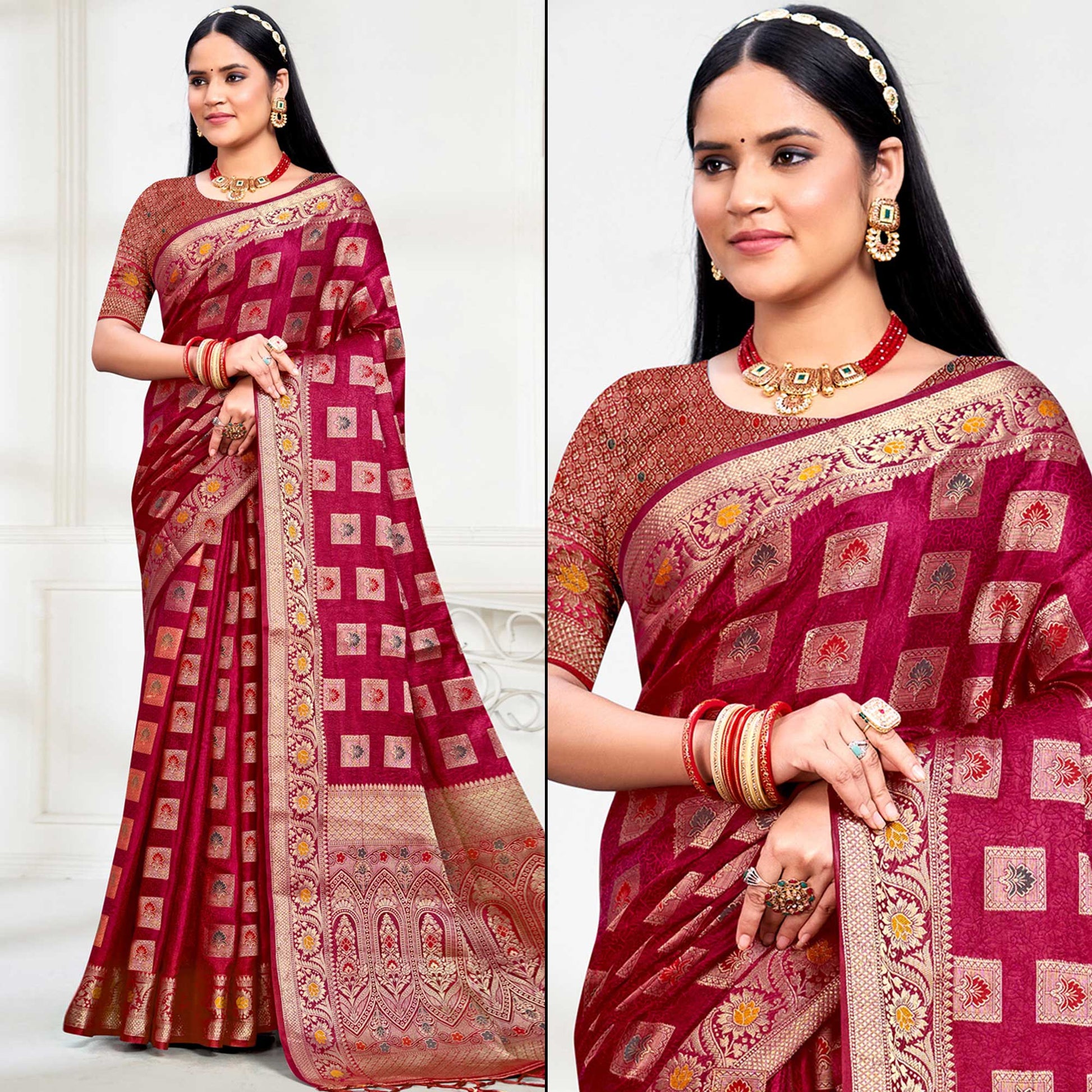 Maroon Floral Woven Cotton Silk Saree With Tassels