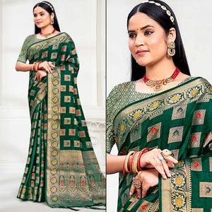 Dark Green Floral Woven Cotton Silk Saree With Tassels