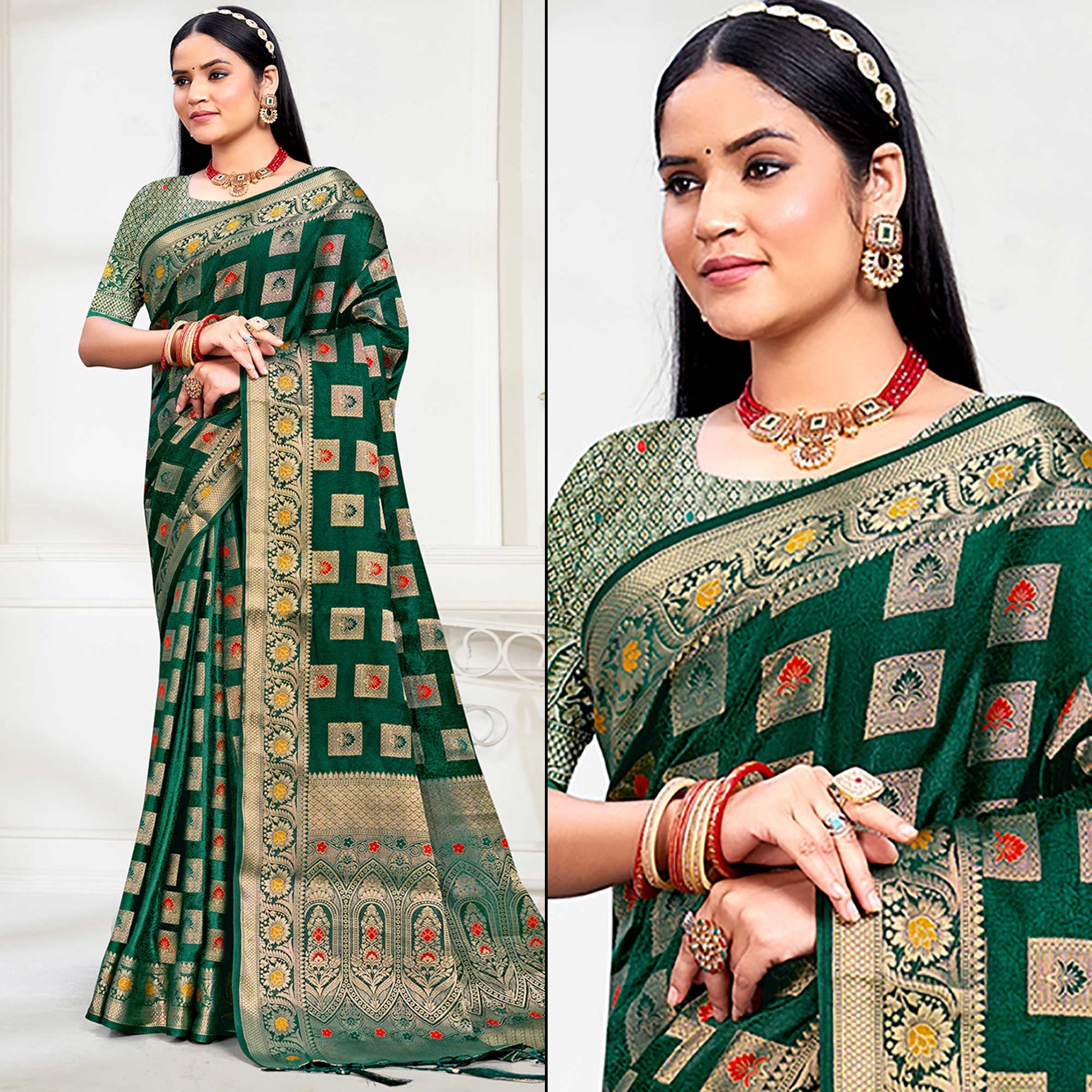 Dark Green Floral Woven Cotton Silk Saree With Tassels