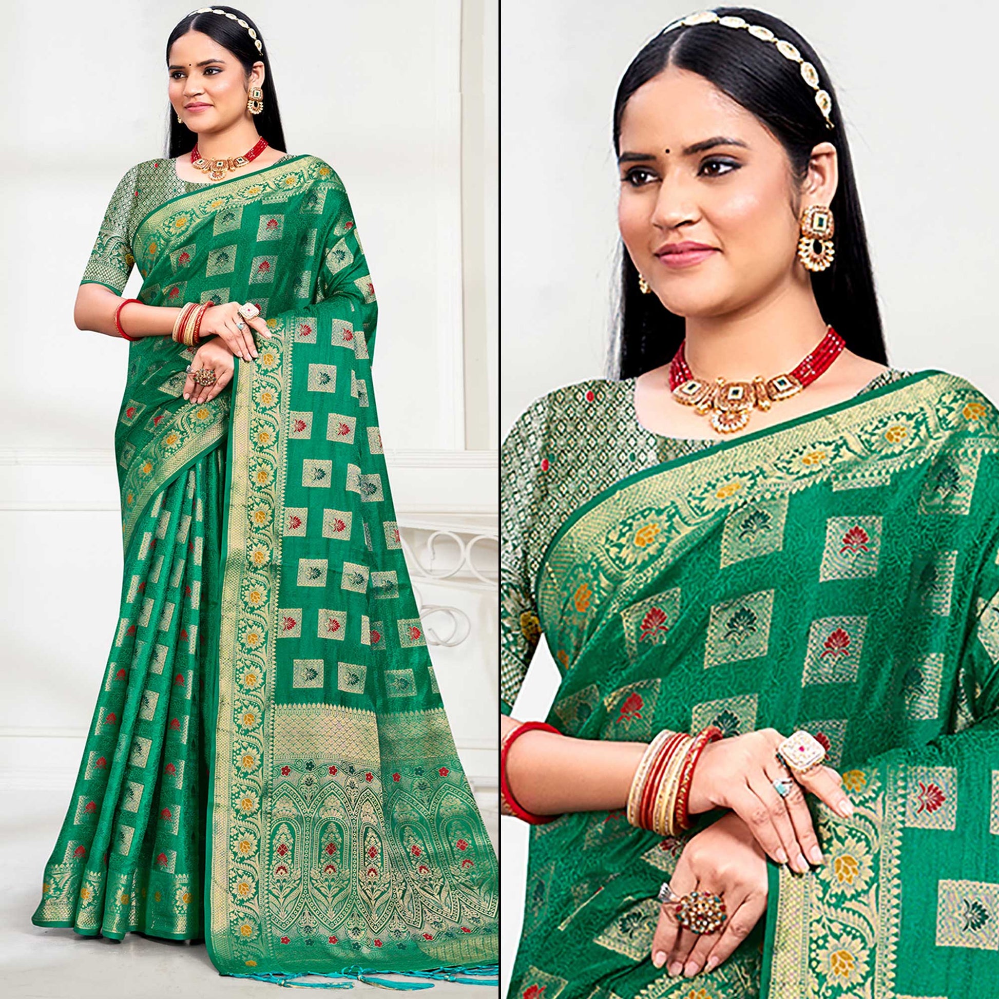 green-floral-woven-cotton-silk-saree-with-tassels-4