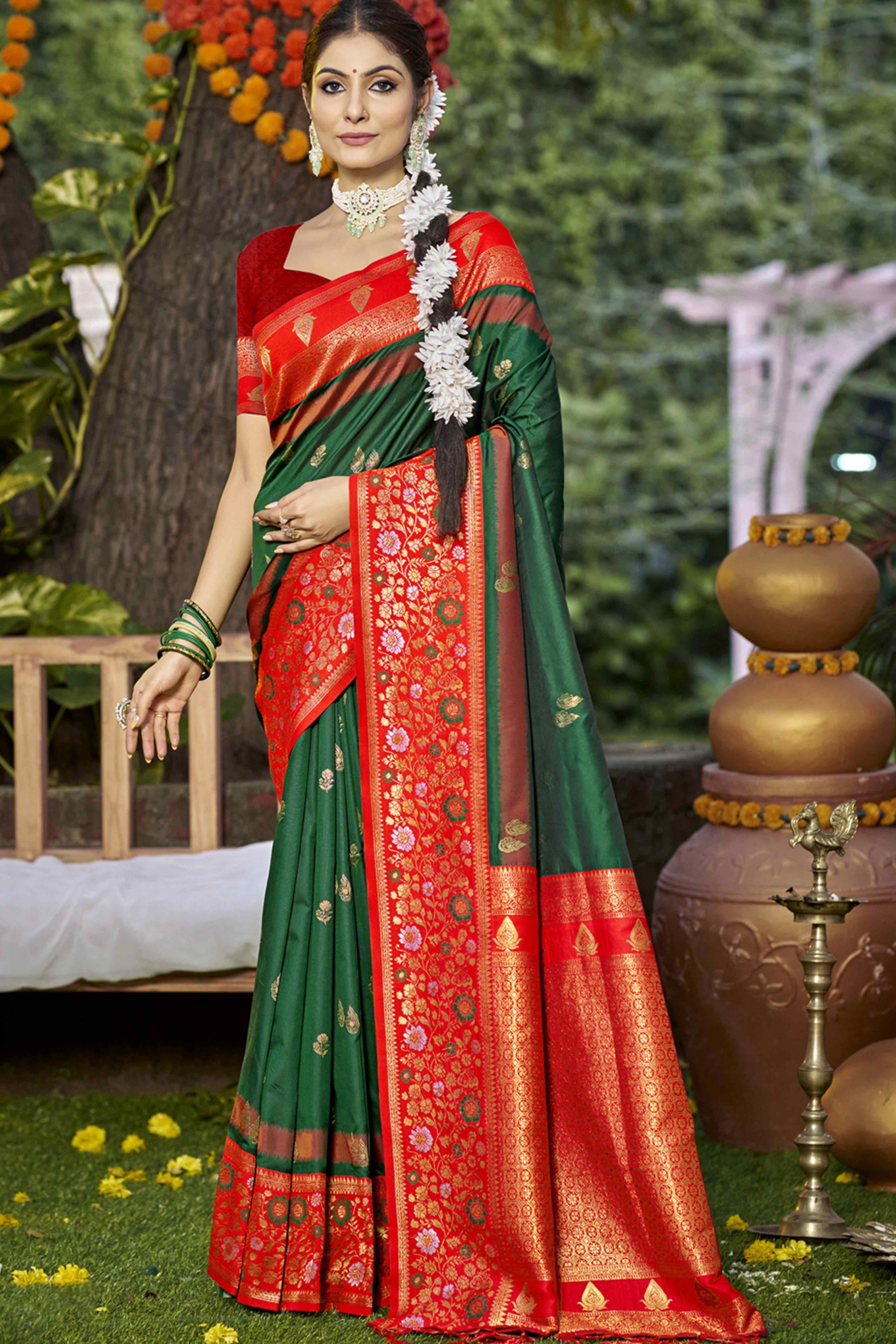 green-floral-woven-banarasi-silk-saree-with-tassels-13
