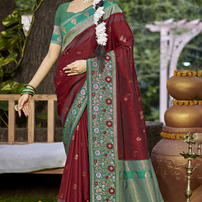 Maroon Floral Woven Banarasi Silk Saree With Tassels