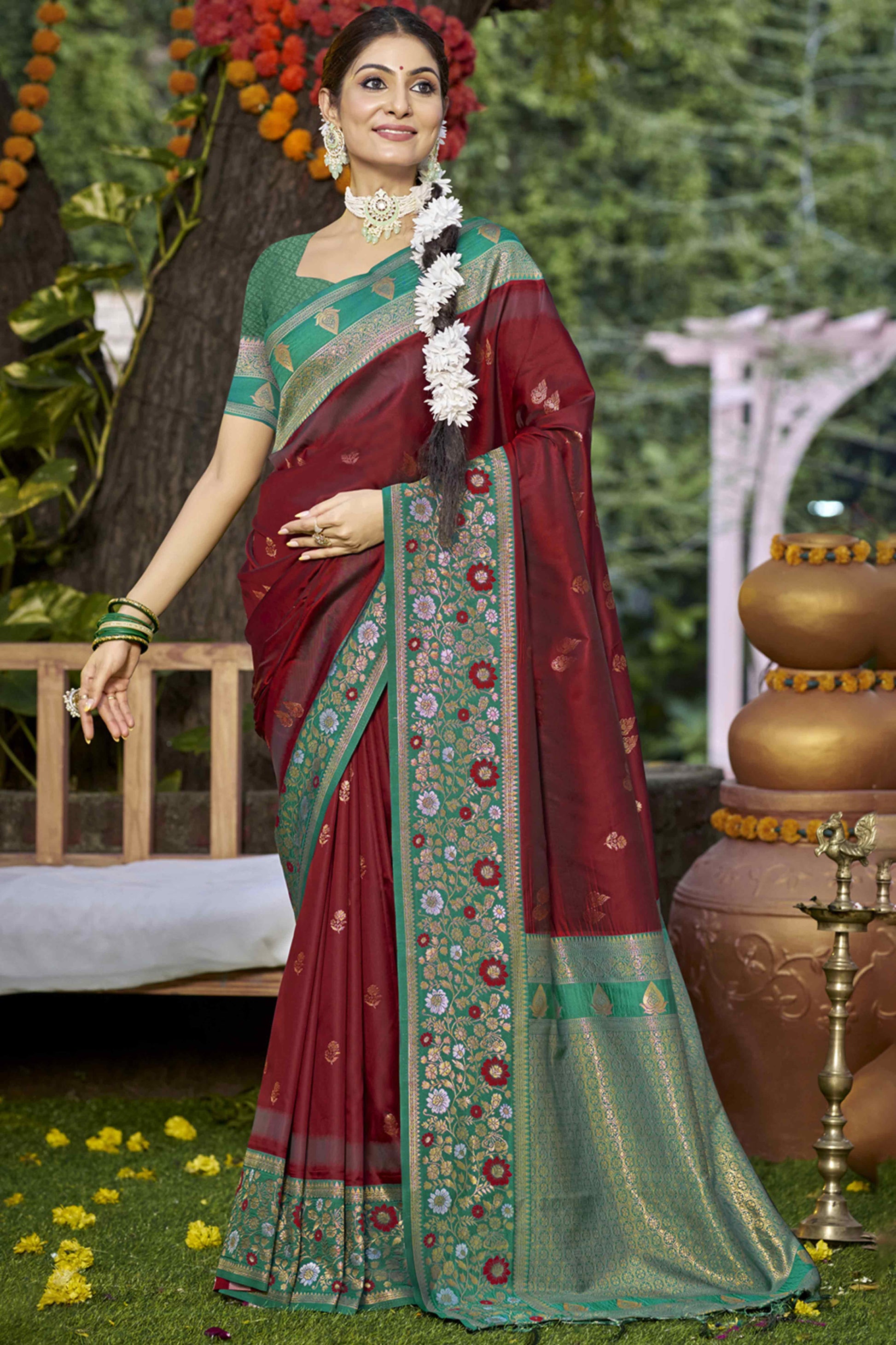 Maroon Floral Woven Banarasi Silk Saree With Tassels