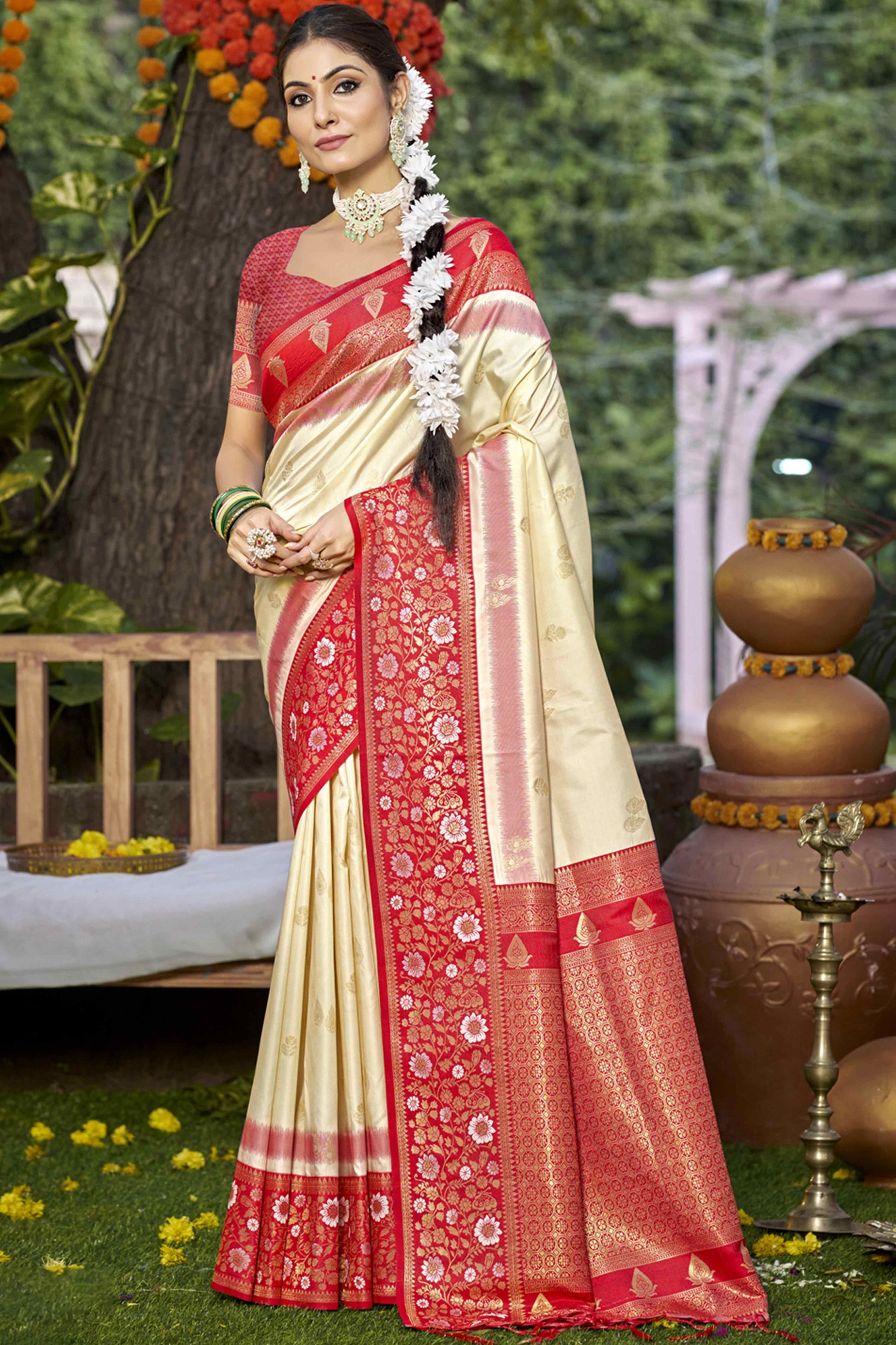 Cream Floral Woven Banarasi Silk Saree With Tassels