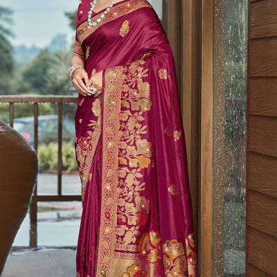 Dark Magenta Floral Woven With Swarovski Work Pure Silk Saree With Tassels
