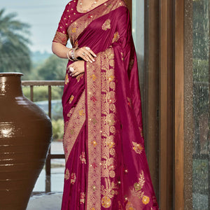 Dark Magenta Floral Woven With Swarovski Work Pure Silk Saree With Tassels