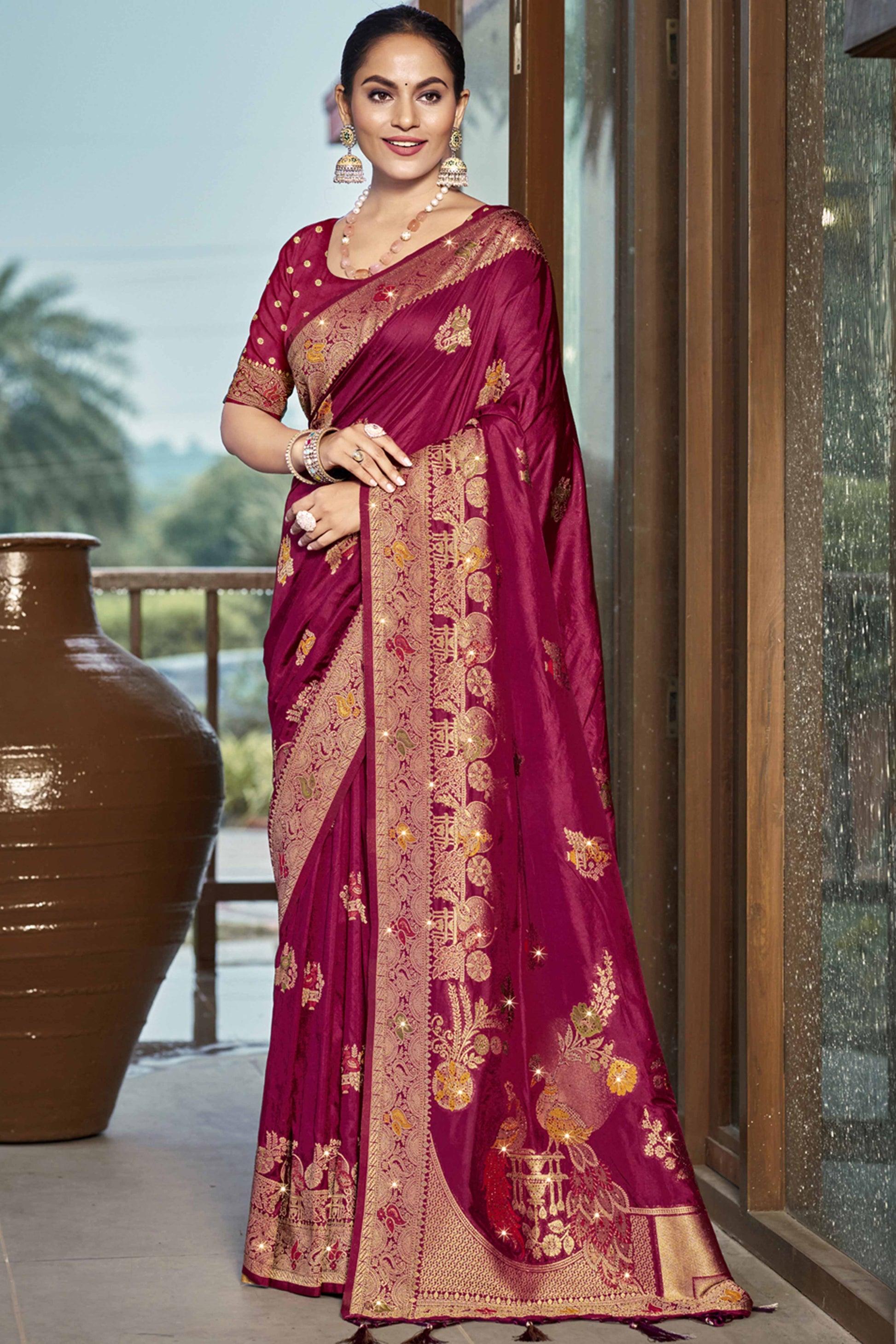 Dark Magenta Floral Woven With Swarovski Work Pure Silk Saree With Tassels