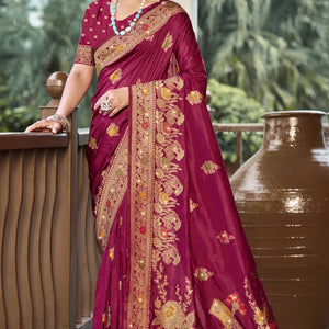 Dark Magenta Floral Woven With Swarovski Work Pure Silk Saree With Tassels