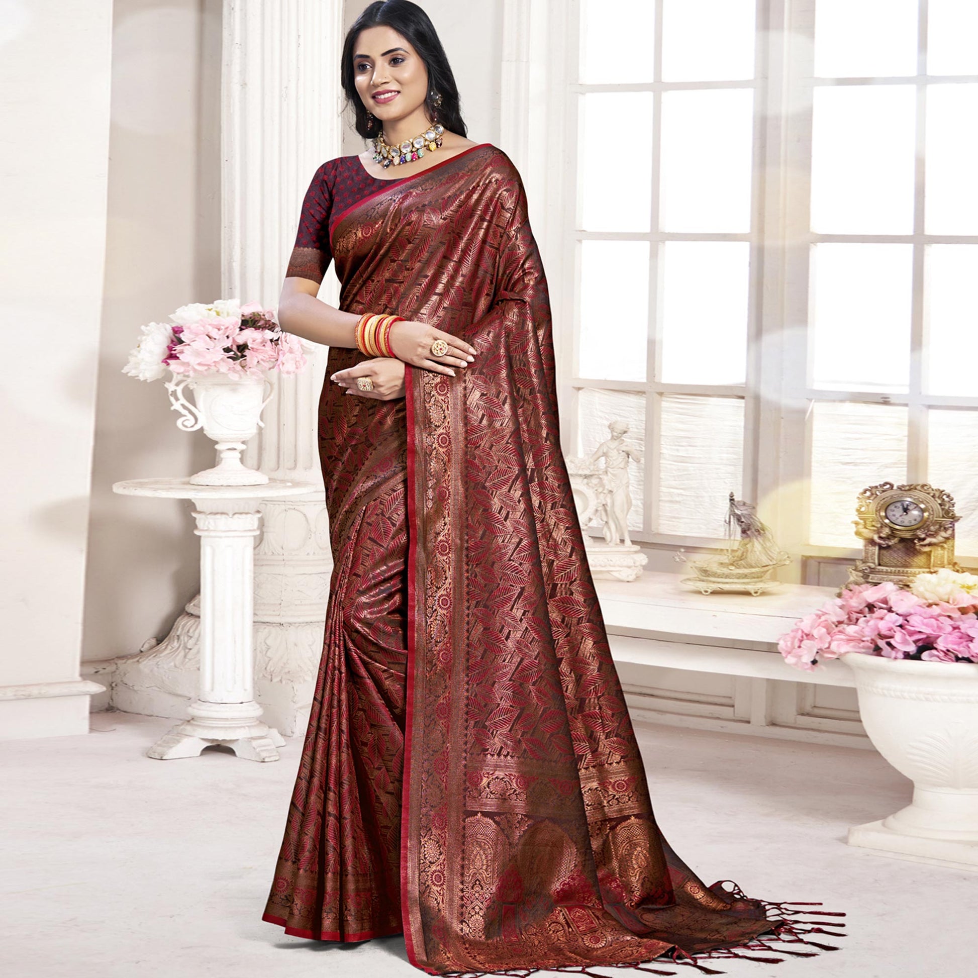 Maroon Woven Banarasi Silk Saree With Tassels