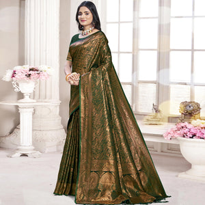 Dark Green Woven Banarasi Silk Saree With Tassels