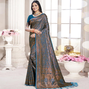 Blue Woven Banarasi Silk Saree With Tassels