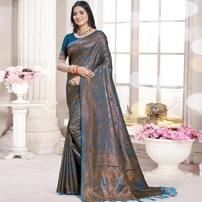 Blue Woven Banarasi Silk Saree With Tassels