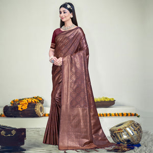 Maroon Floral Woven Banarasi Silk Saree With Tassels