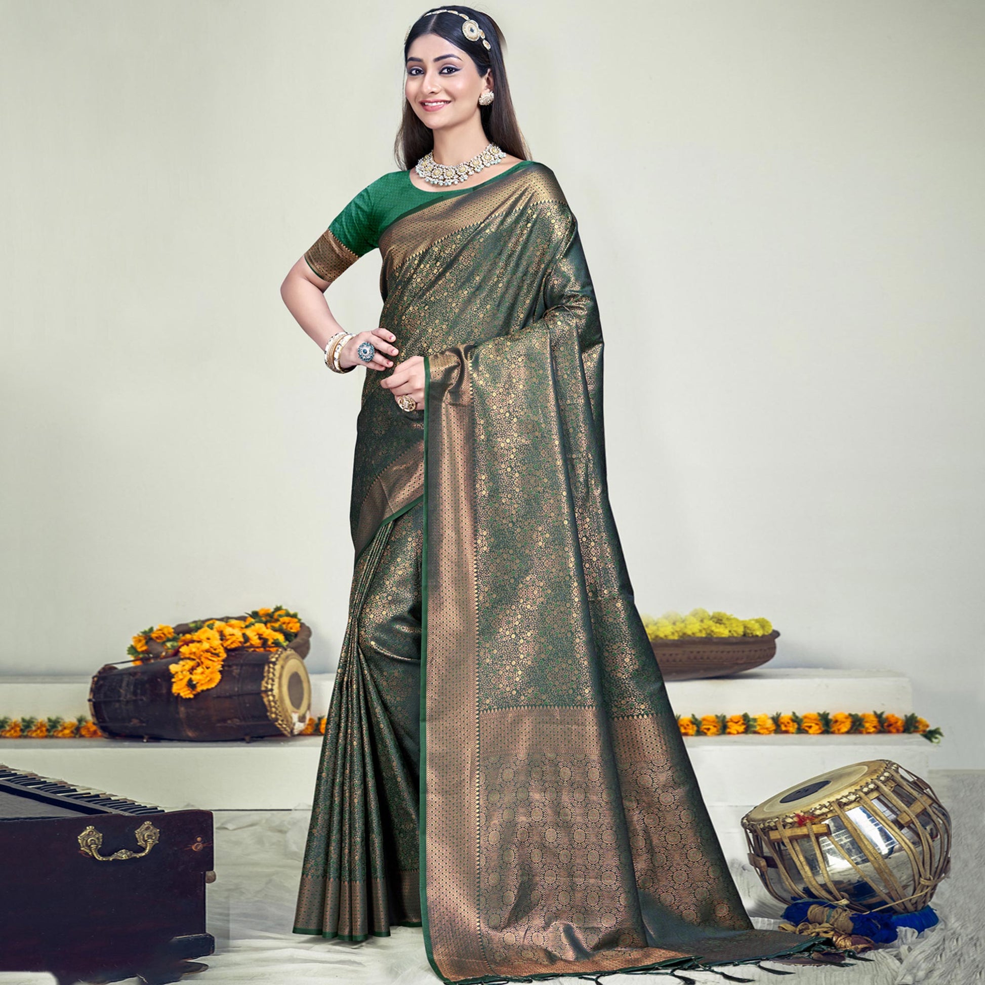 green-floral-woven-banarasi-silk-saree-with-tassels-10