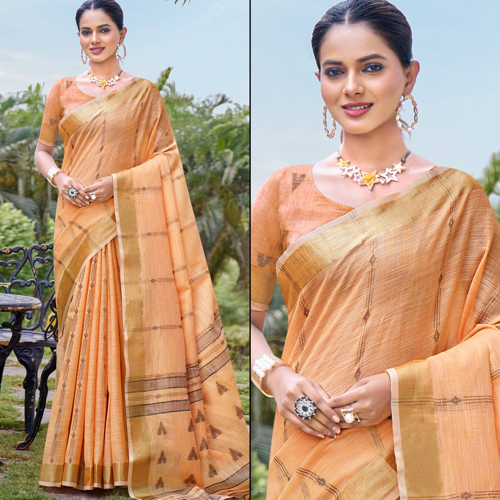 Light Orange Woven Cotton Blend Saree With Tassels