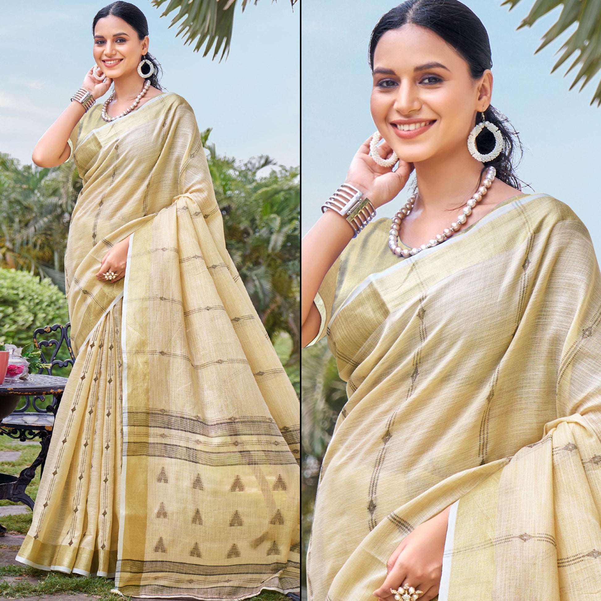 Cream Woven Cotton Blend Saree With Tassels