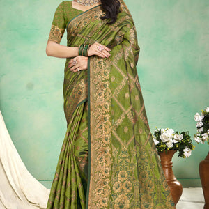 Mehendi Green Floral Woven Cotton Silk Saree